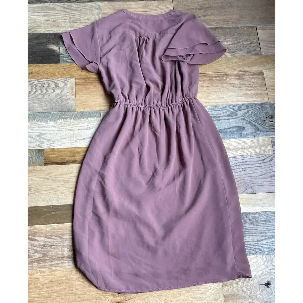 DownEast Women's XS Mauve Midi Dress Flutter Sleeve Elastic Waist